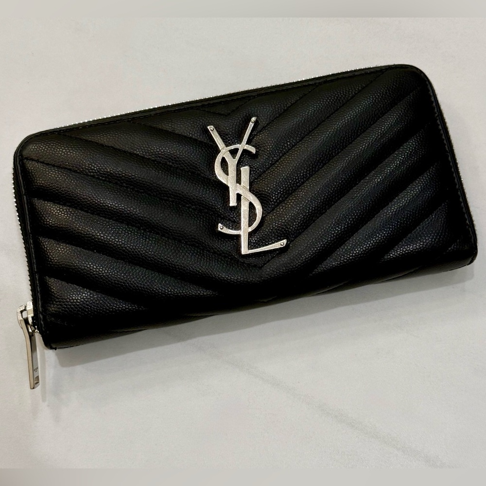 Saint Laurent Black matelasse monogram zip around Leather Wallet